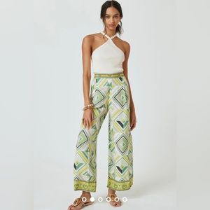 Anthropologie Glana Linen Wide Leg Pants Sz S by Ranna Gill Green Geometric NEW